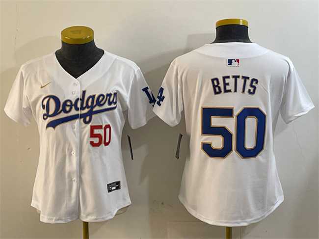 Women%27s Los Angeles Dodgers #50 Mookie Betts White Gold Home Limited Stitched Jersey